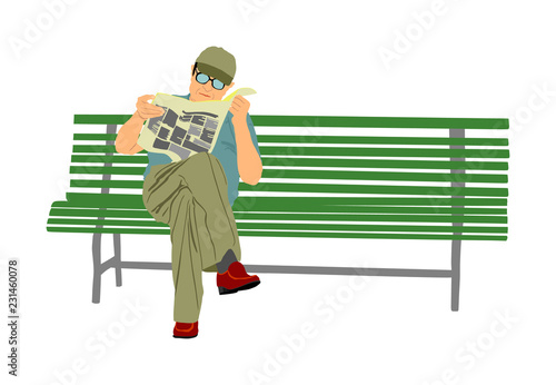 Senior, mature man sitting on a bench in park vector illustration. Grandfather outdoor relaxing. Gentleman with glasses sitting on a wooden chair and reading a newspaper in a park. Pensioner time.