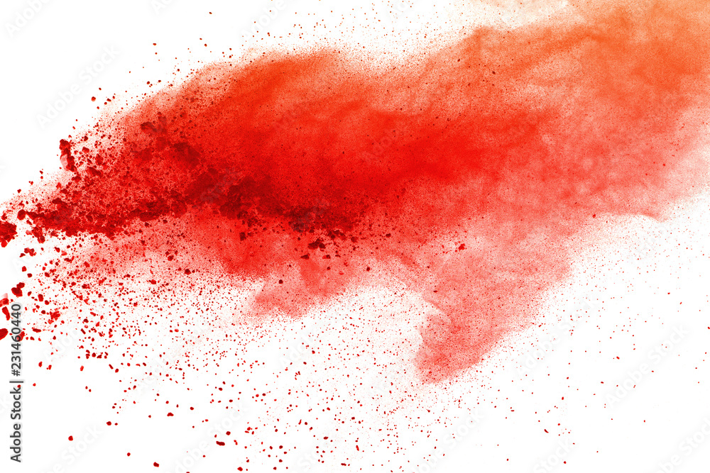 Red powder explosion on white background. Paint Holi.