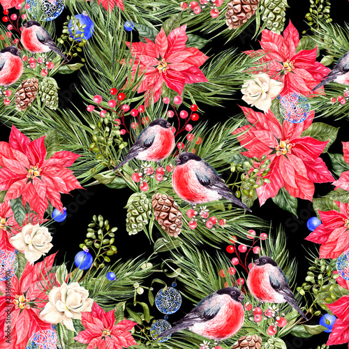 Beautiful watercolor Christmas pattern with bullfinch birds, pine cones and Christmas tree.