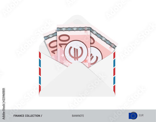 10 Euro Banknotes in envelope. Flat style opened white envelope with cash. Salary payout or corruption concept.