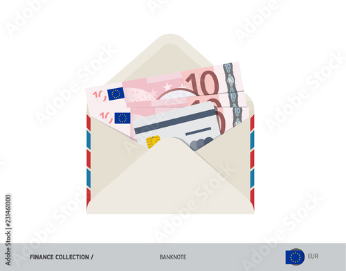 10 Euro Banknote. Flat style opened envelope with cash. Euro banknotes and credit card. Salary payout or bank transaction concept.