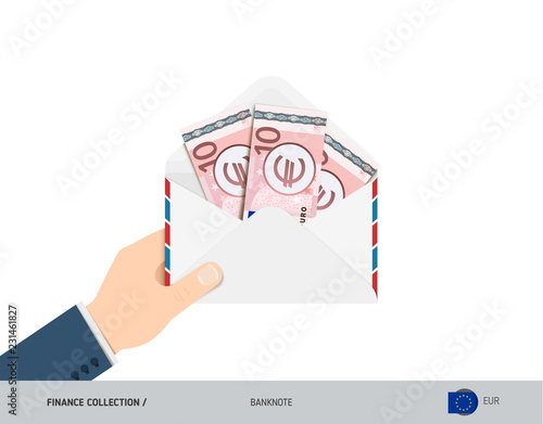 10 Euro Banknotes in envelope hold in hand. Flat style opened white envelope with cash. Salary payout or corruption concept.