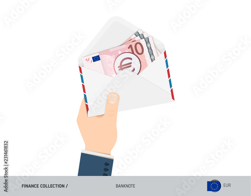 10 Euro Banknotes in envelope hold in hand. Flat style opened white envelope with cash. Salary payout or corruption concept.