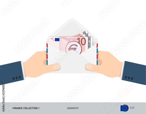 10 Euro Banknotes in envelope hold in hand. Flat style opened white envelope with cash. Salary payout or corruption concept.