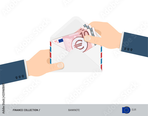 10 Euro Banknotes in envelope hold in hand. Flat style opened white envelope with cash. Salary payout or corruption concept.