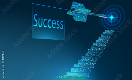 Stairway with target circle. Vector polygonal art style stairway with target circle. Low poly wireframe mesh with light effects on dark blue background. Reach target business concept 