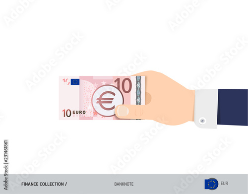 10 Euro Banknote. Hand gives money. Flat style vector illustration. Salary payout or corruption concept.