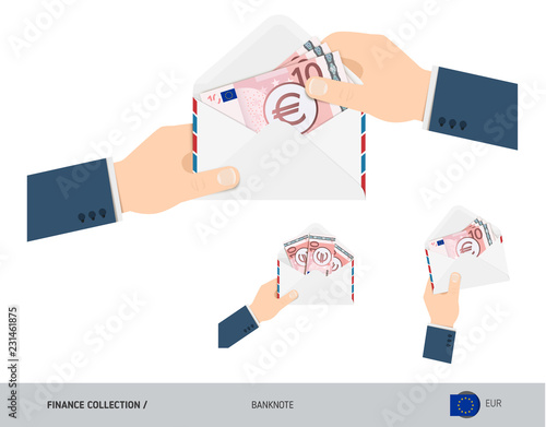10 Euro Banknotes in envelope hold in hand. Set of flat style opened white envelopes with cash. Salary payout or corruption concept.