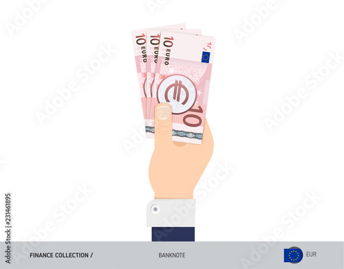 10 Euro Banknote. Hand gives money. Flat style vector illustration. Salary payout or corruption concept.