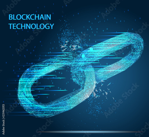 Isolated Abstract Vector chain. Wireframe chain element on blue background. Link protection, blockchain technology, cooperation symbol. Communication, security, internet safety, connect concept.