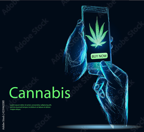 E-Commerce Online Recreational Marijuana and Cannabis Shop in Mobile phone. Abstract polygonal wireframe. low poly vector