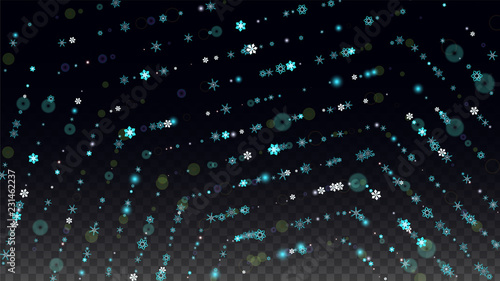 Christmas Vector Background with Blue Falling Snowflakes Isolated on Transparent Background. Realistic Snow Sparkle Pattern. Snowfall Overlay Print. Winter Sky. Design for Party Invitation.