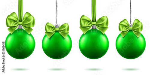 2019 christmas or new year realistic toys with bows hanging on chains. Merry christmas fir tree decorations, green baubles with bow-knots, green spheres for xmas holidays. Celebration theme