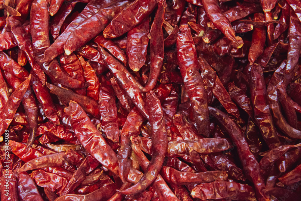 Dried red hot chili peppers, food ingredient Dried red hot chili peppers, food ingredient