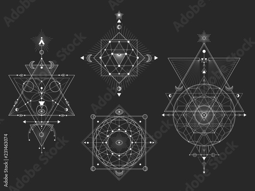 Vector set of Sacred geometric symbols and figures on black background. White abstract mystic signs collection drawn in lines.