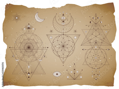 Vector set of Sacred geometric symbols with moon, eye, arrows, dreamcatcher and figures on old paper background with torn edges. Abstract mystic signs collection drawn in lines.