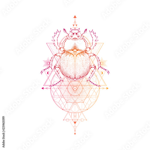 Vector illustration with hand drawn scarab and Sacred geometric symbol on white background. Abstract mystic sign.