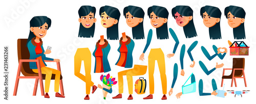 Asian Teen Girl Vector. Animation Creation Set. Face Emotions, Gestures. Positive Person. Animated. For Web, Brochure, Poster Design. Isolated Cartoon Illustration