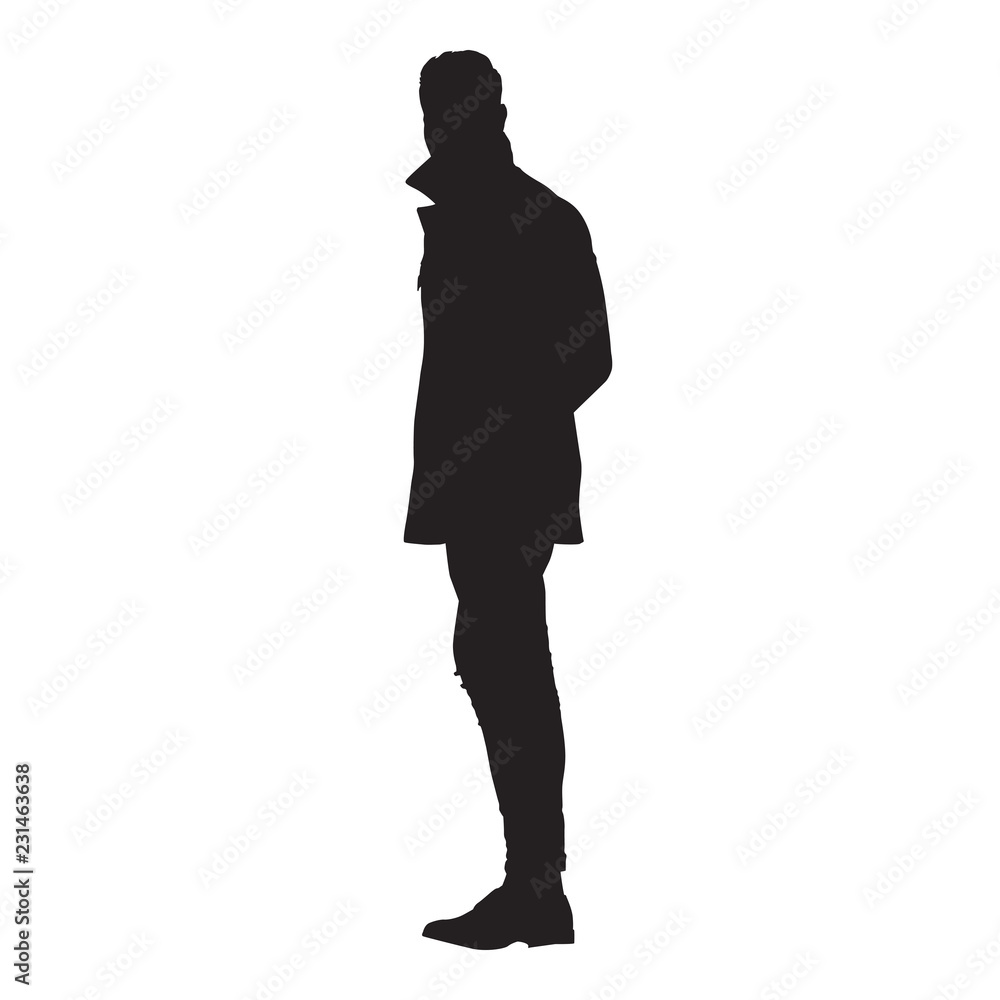Businessman in coat standing and looking around, isolated vector silhouette