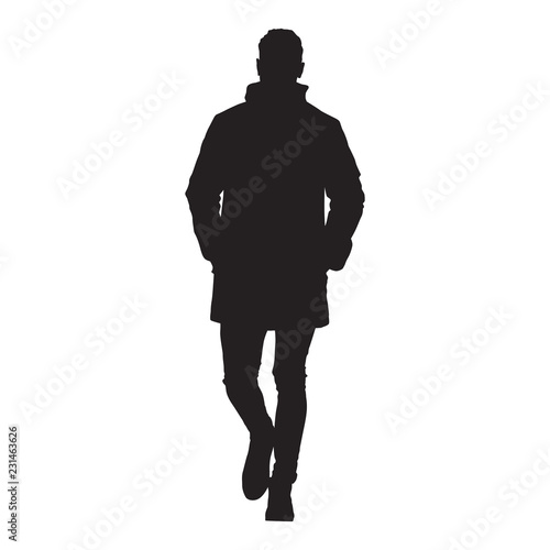Man in winter jacket or coat walking forward, isolated vector silhouette