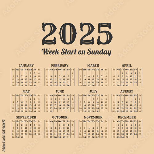 2025 year vintage calendar. Weeks start on sunday