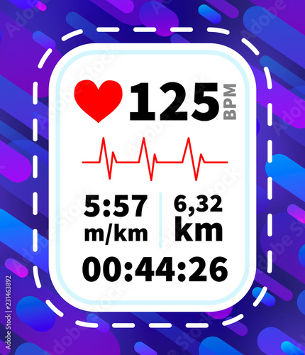 Heart rate monitor display with running dynamic information like pace, time and distance on purple background