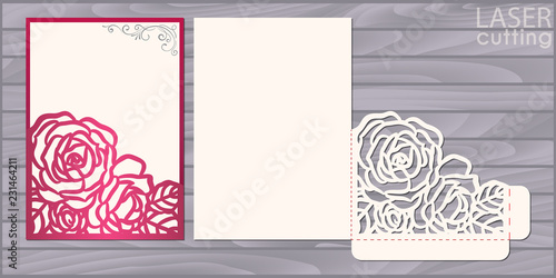 Die laser cut wedding card vector template. Invitation pocket envelope with lace corner with roses pattern. Wedding lace invitation mockup.