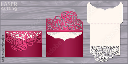 Die laser cut wedding card vector template. Invitation pocket envelope with roses pattern. Wedding lace invitation mockup.