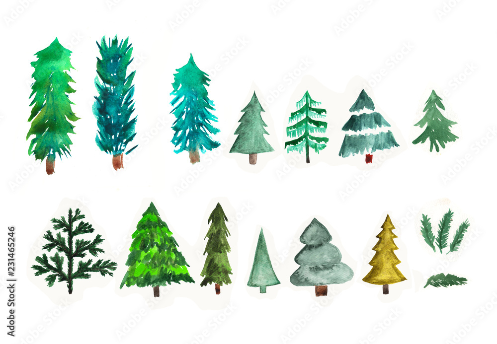 Hand painted watercolor graphic design elements. Different trees.