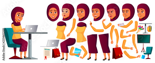 Teen Girl Vector. Arab, Muslim. Animation Creation Set. Face Emotions, Gestures. Caucasian, Positive. Animated. For Banner, Flyer, Web Design. Isolated Cartoon Illustration