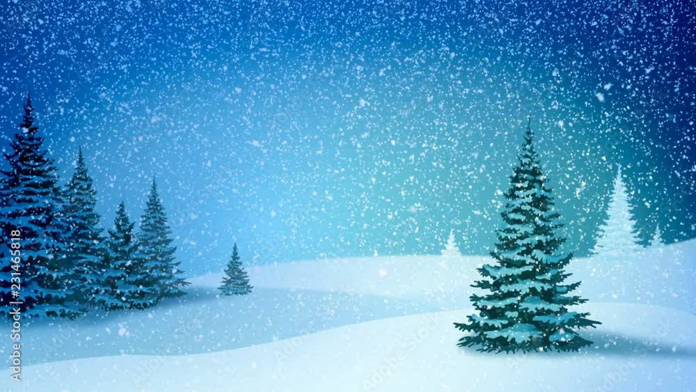 Snowfall, snow and fir trees covered with hoarfrost and snow in evening forest in winter. Looped motion graphic. Snowfall, snow and fir trees covered with hoarfrost and snow in evening forest in winter. Looped motion graphic.