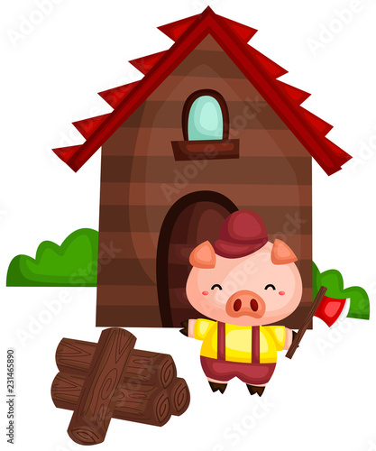 
a pig with a wood house made from the wood he chopped