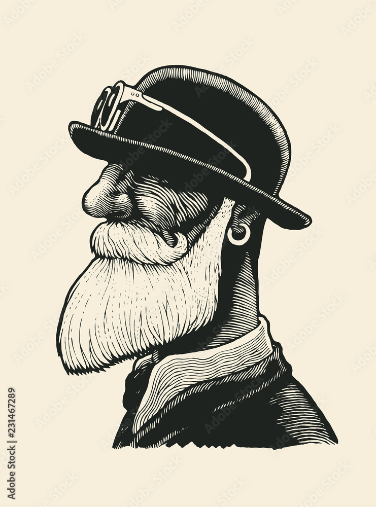 Man With A Mustache And Beard In A Bowler Hat. engraving style. vector