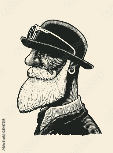 Man With A Mustache And Beard In A Bowler Hat. engraving style. vector illustration