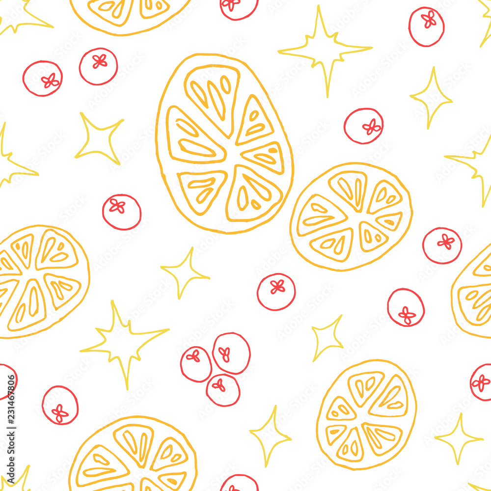 Seamless pattern with oranges, berries and stars in lineart style