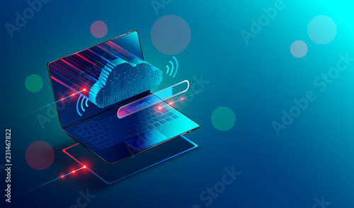 Isometric laptop or notebook with icon or symbol of cloud technology. Progress upload and download data information in cloud storage of corporation network and sharing of data . Conceptual banner.