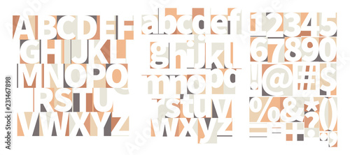 Minimal geometric art-deco font with counter shapes in soft colours isolated on white