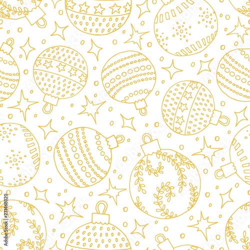Seamless monochrome christmass pattern with balls and stars in gold