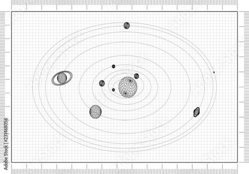 solar system blueprint, black and white clip art preview