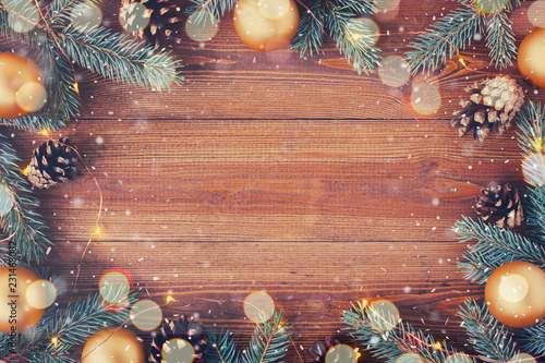 Brown wooden background with festive Christmas decoration