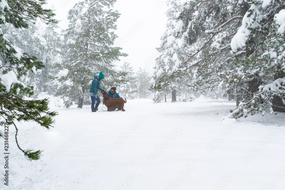Pareja feliz jugando con su perro en un bosque nevado. Disfrutando el invierno.