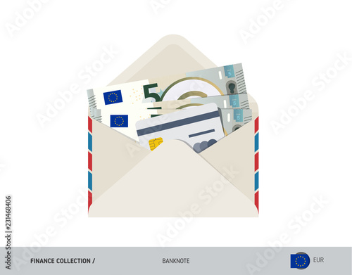 5 Euro Banknote. Flat style opened envelope with cash. Euro banknotes and credit card. Salary payout or bank transaction concept.