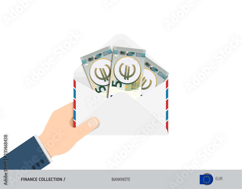 5 Euro Banknotes in envelope hold in hand. Flat style opened white envelope with cash. Salary payout or corruption concept.