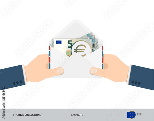 5 Euro Banknotes in envelope hold in hand. Flat style opened white envelope with cash. Salary payout or corruption concept.