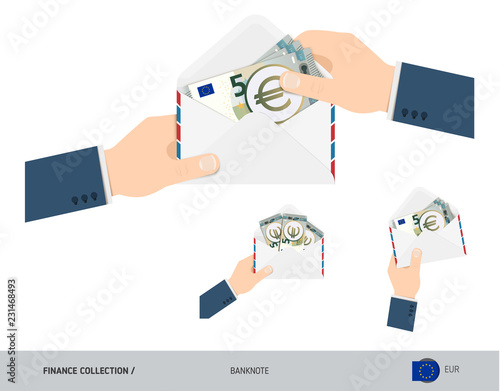5 Euro Banknotes in envelope hold in hand. Set of flat style opened white envelopes with cash. Salary payout or corruption concept.