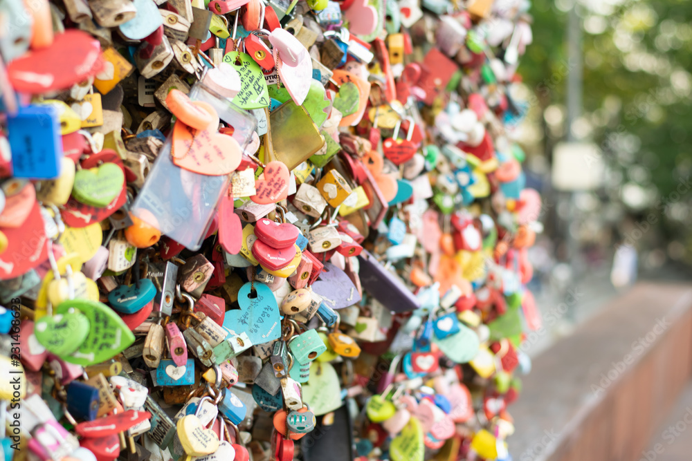 areity of locked key at N Seoul tower on the Namsan mountain that people believe they will have the forever love if write the couple name on it