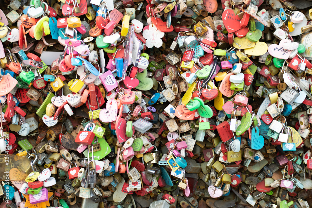 Fototapeta premium areity of locked key at N Seoul tower on the Namsan mountain that people believe they will have the forever love if write the couple name on it