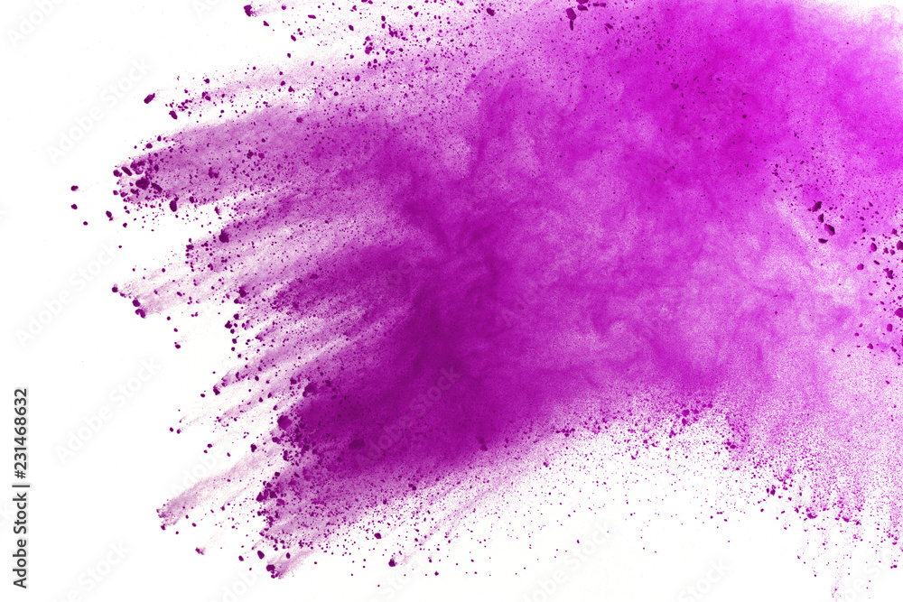 Abstract purple powder explosion on white background. abstract colored powder splatted, Freeze motion of violet powder exploding. Violet dust splatted.
