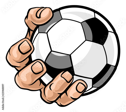 A strong hand holding a soccer football ball. Sports graphic