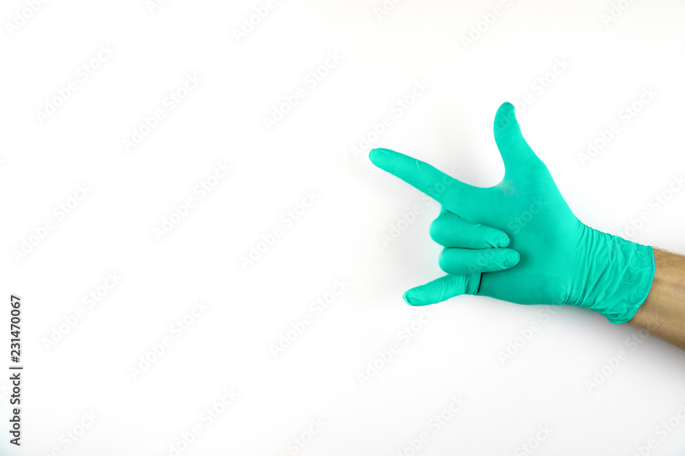 Male hand in medical glove on white background. Male hand in medical glove on white background.